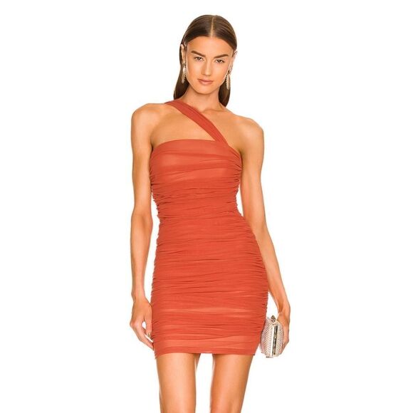 Michael Costello x REVOLVE Honor Mini Dress in Rust Ruched Bodycon - Picture 1 of 13